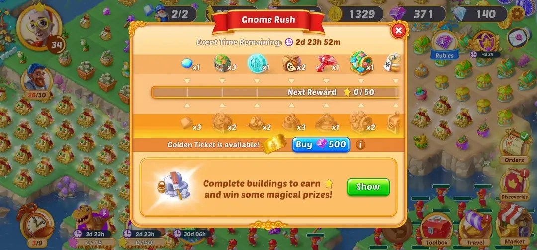Gnome Rush と呼ばれる EverMerge LiveOps イベントのスクリーンショット