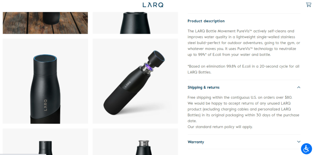 larq, páginas de detalles del producto