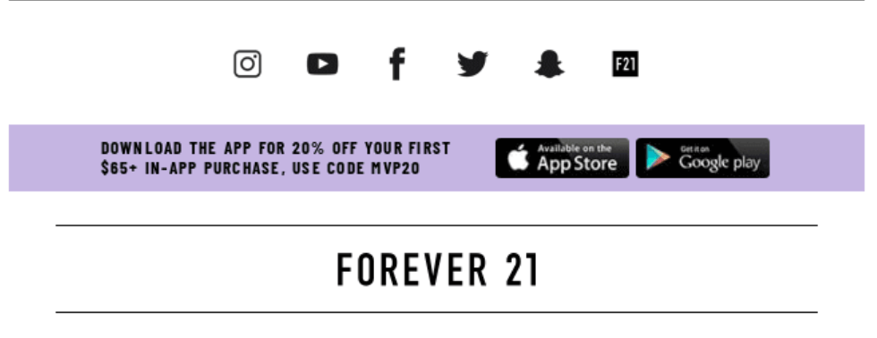 تذييل البريد الإلكتروني Forever21 مع أيقونات الوسائط الاجتماعية
