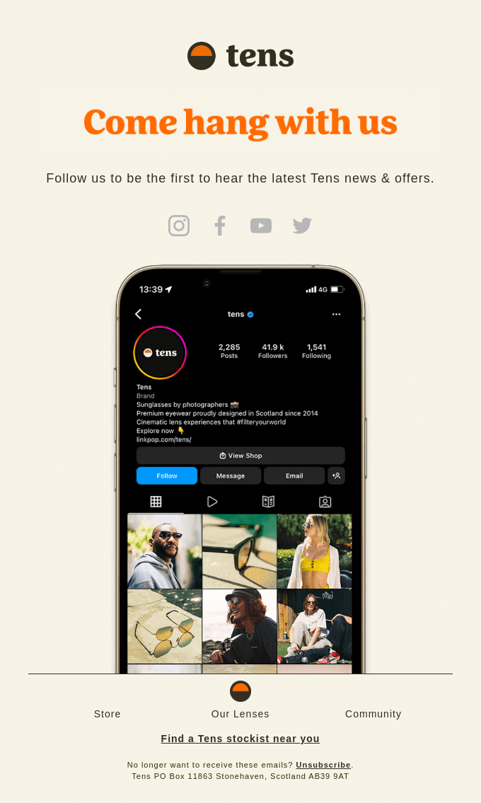 رسالة بريد إلكتروني للدعوة من Tens لتحويل مشتركي البريد الإلكتروني إلى متابعين على Instagram