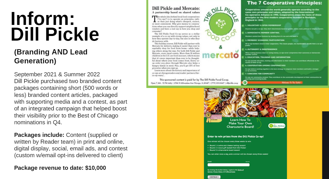 O layout de impressão do Reader de sua campanha de marketing de conteúdo de marca para a Dill Pickle Food Co-op