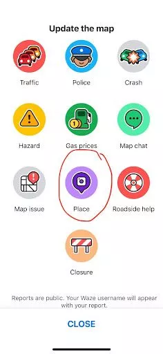 Options pour mettre à jour la carte Waze avec l'option "Placer" encerclée. Cliquez dessus pour ajouter une entreprise Waze.