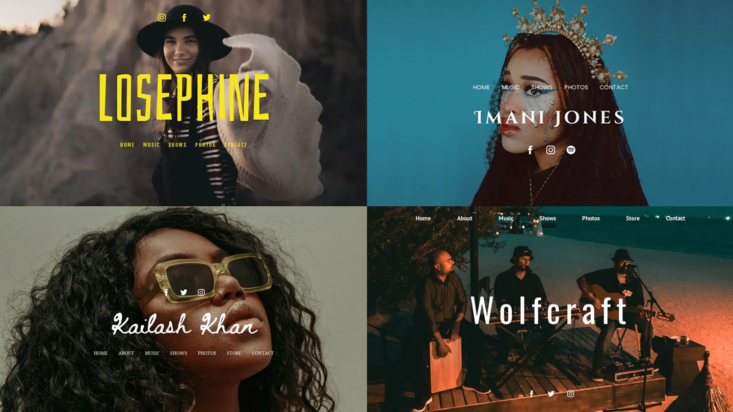 Zrzuty ekranu czterech stron internetowych muzyków Bandzoogle: Losephine, Imani Jones, Kailash Khan, Wolfcraft