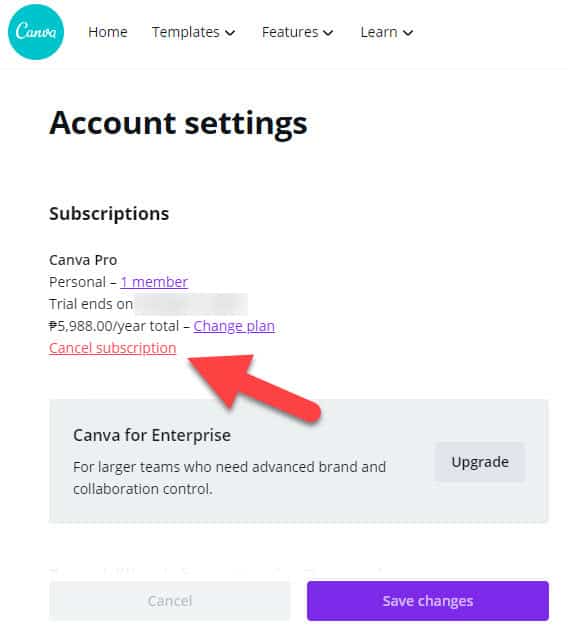 Canva 구독 취소