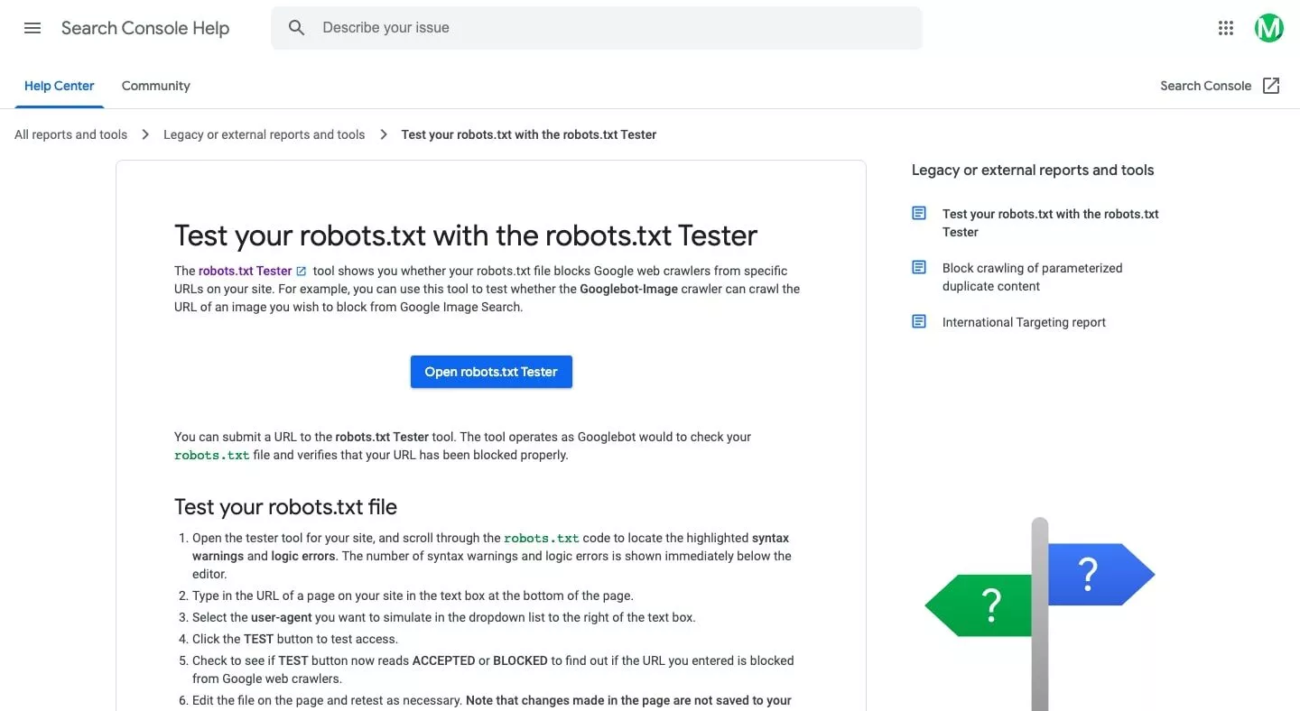 Imagem da página da ferramenta txt de robôs do Google