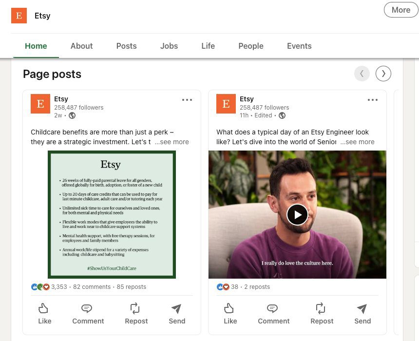 Strategi pemasaran konten Etsy: Halaman LinkedIn Etsy