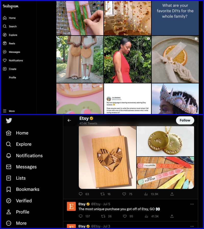 Strategi pemasaran konten Etsy: Etsy Instagram dan Halaman Twitter