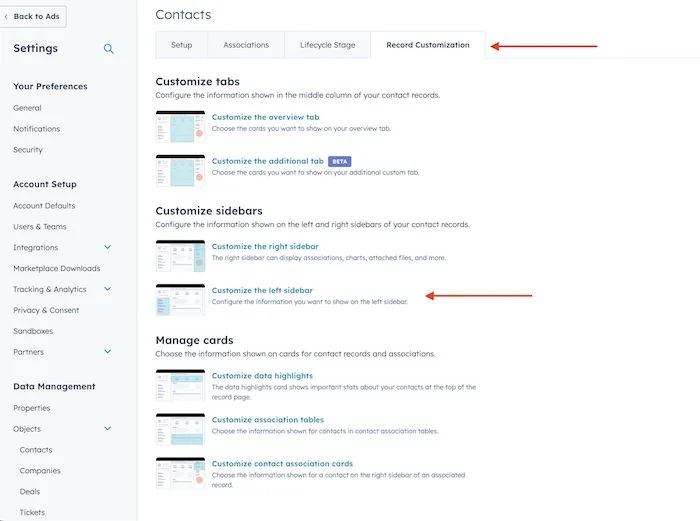 定制左侧边栏 HubSpot