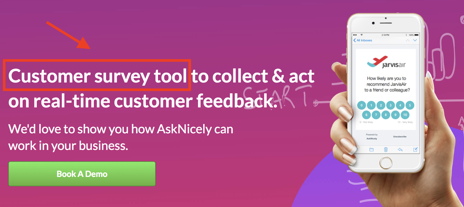 AskNicely 고객 설문 조사 도구 방문 페이지
