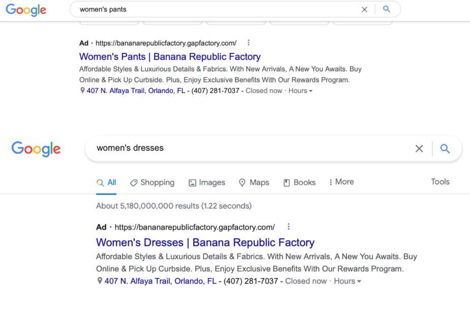 바나나 리퍼블릭 Google 광고