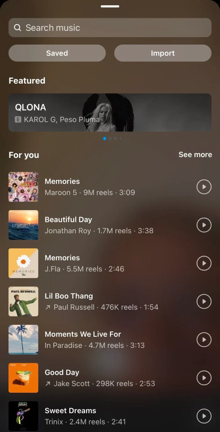 สกรีนช็อตของรายการเพลงใน Instagram