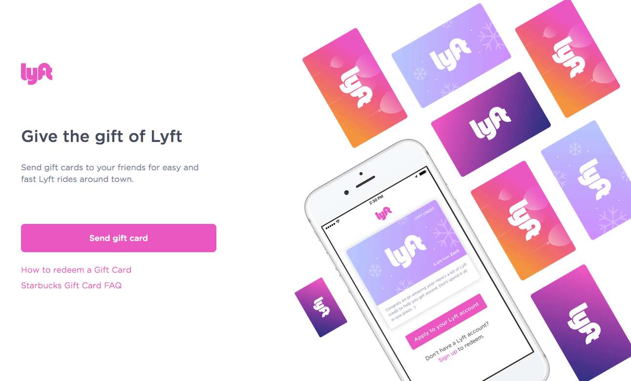 Lyft tıklama sonrası açılış sayfası hediye kartları