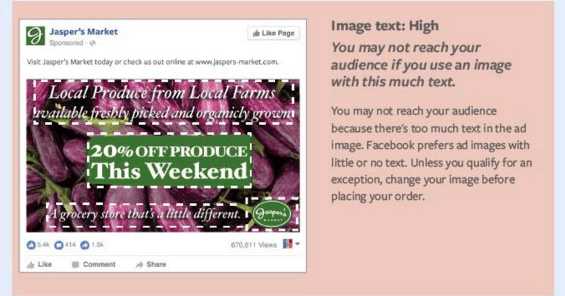 這張圖片向營銷人員展示了使用 Facebook 更新的 20% 文本規則時的“高”評級。