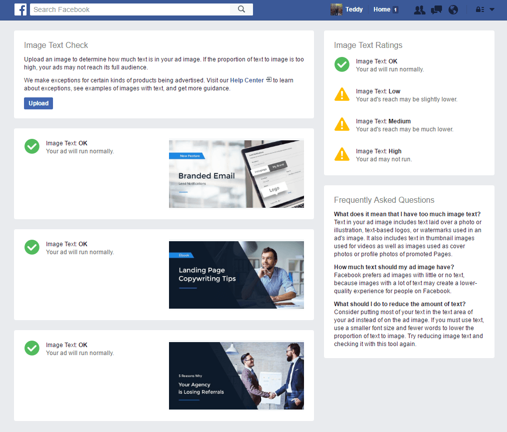 تعرض هذه الصورة 3 أمثلة للمسوقين حول كيفية تصنيف Facebook لتراكب النص على الصور والتكرار الذي سيسمح لهم بعرضه.