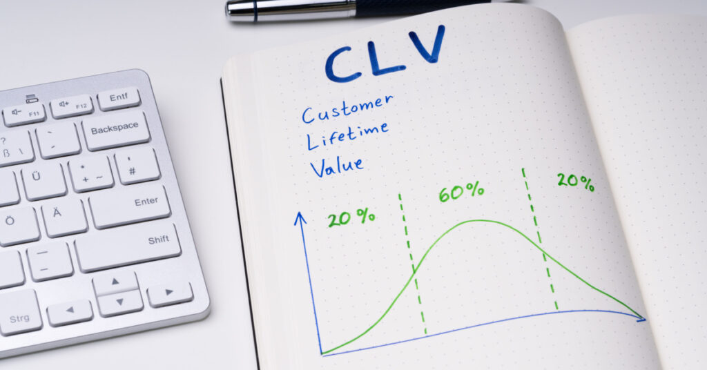 Primo piano di un notebook accanto a una tastiera con le parole Customer Lifetime Value e un grafico abbozzato