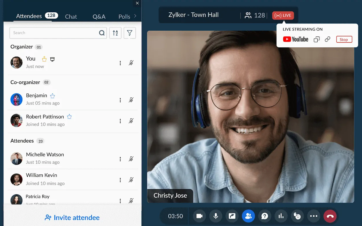 Zrzut ekranu oprogramowania do spotkań wideo Zoho Meeting.