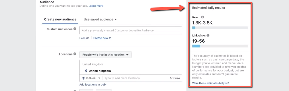 廣告管理工具中的 Facebook“預計每日結果”預測功能