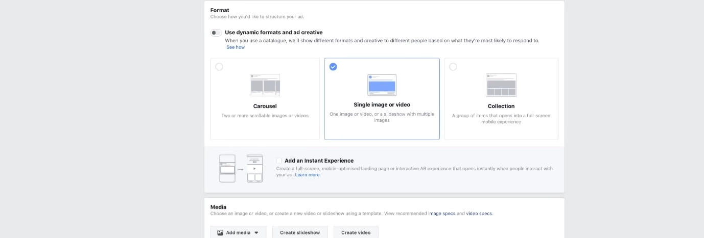 Facebook Ad Manager 中的廣告類型示例