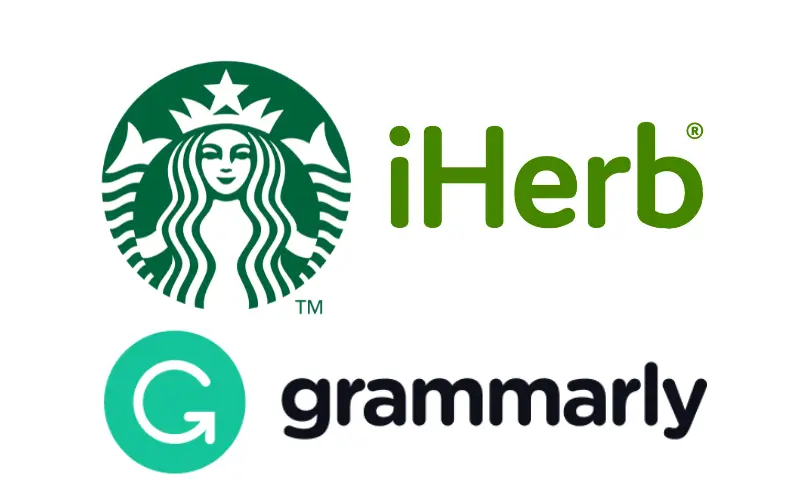 Logotipos de marcas de color verde Starbucks, Iherb, Grammarly.