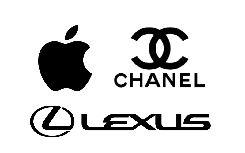 Logos de marque en noir et blanc Apple, Chanel, Lexus.