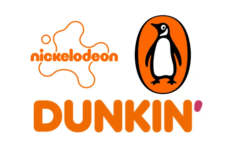 Orangefarbene Markenlogos Nickelodeon, Penguin, Dunkin.