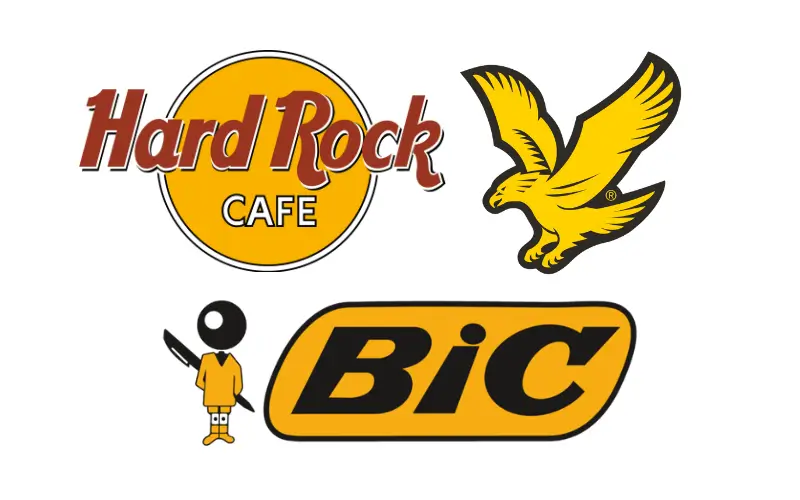 Sarı renkli marka logoları Hard rock cafe, BIC, Lyle Scott.