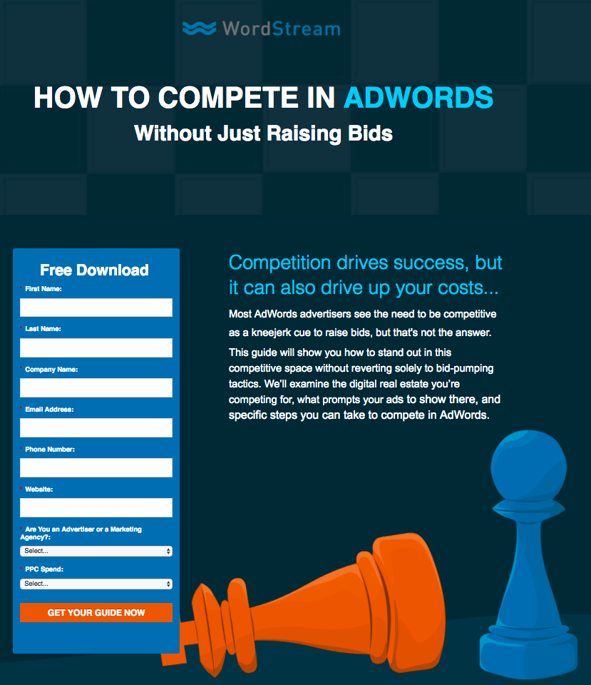 Exemplu de pagină de destinație WordStream AdWords după clic