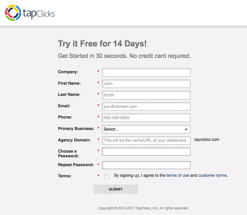 Пример целевой страницы TapClicks после клика
