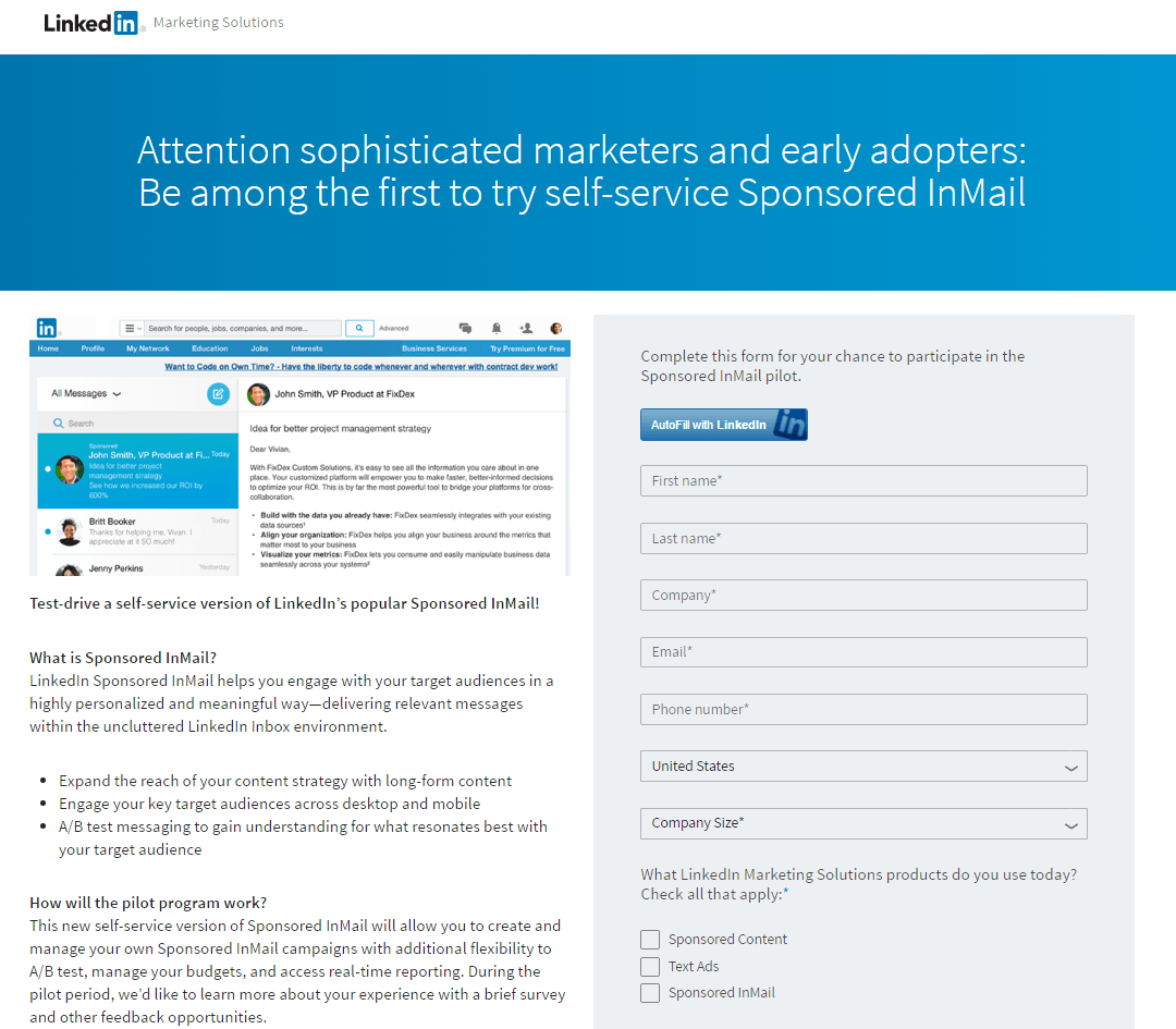 Exemplo de página de destino pós-clique do LinkedIn