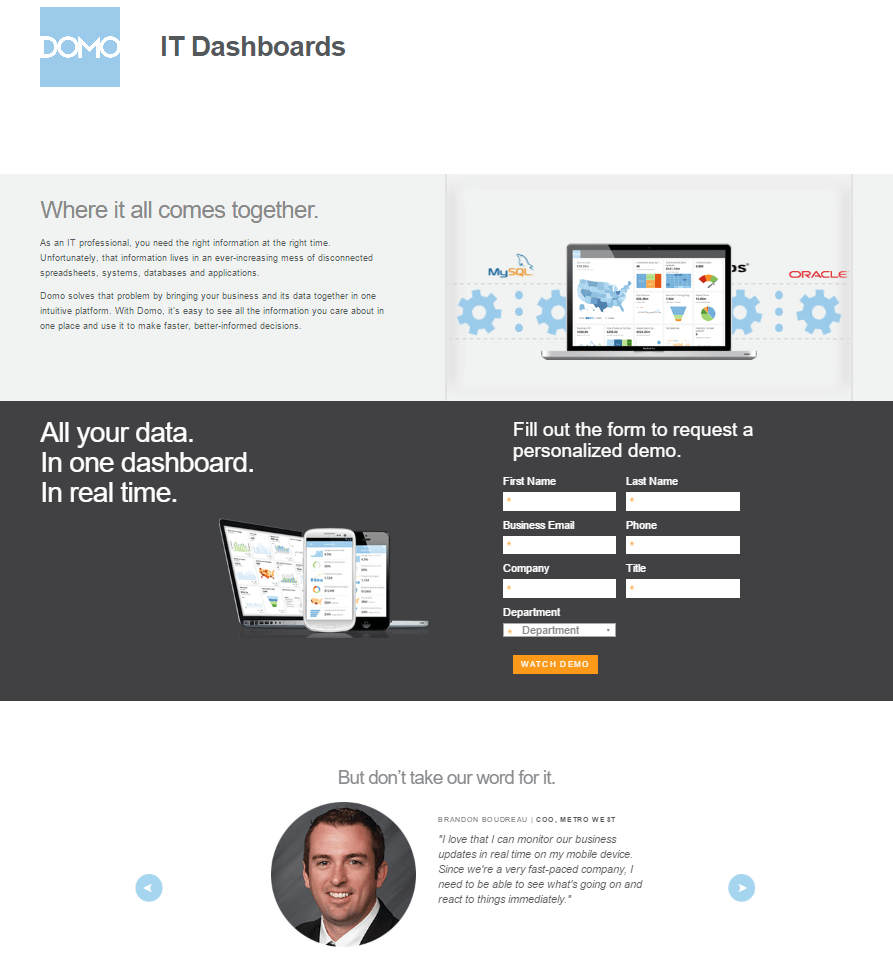 Exemplo de página de destino pós-clique do Domo IT Data