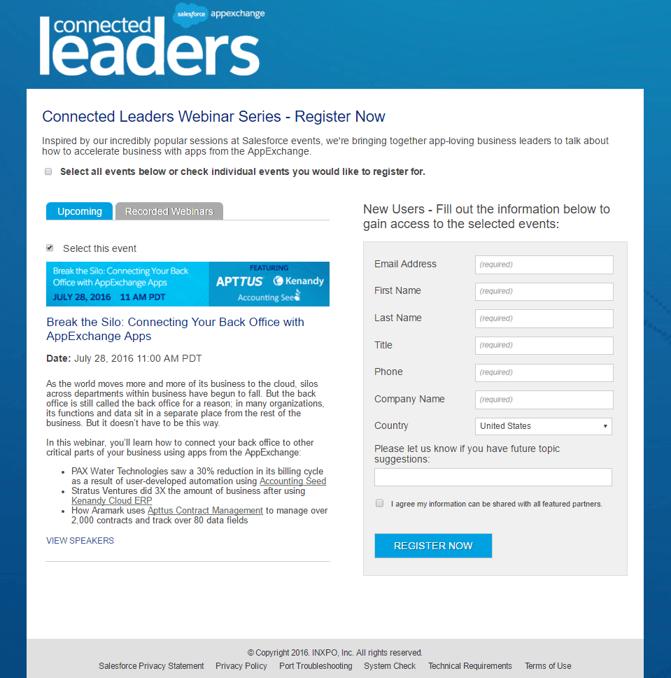 Exemplo de página inicial pós-clique do webinar do Salesforce