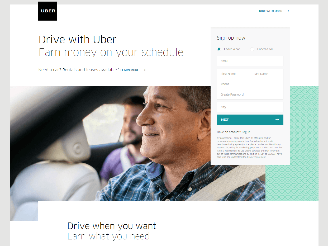 Uber ポストクリック ランディング ページの例