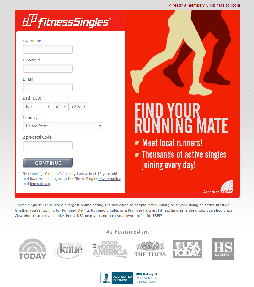 Fitness Singles 클릭 후 랜딩 페이지 예