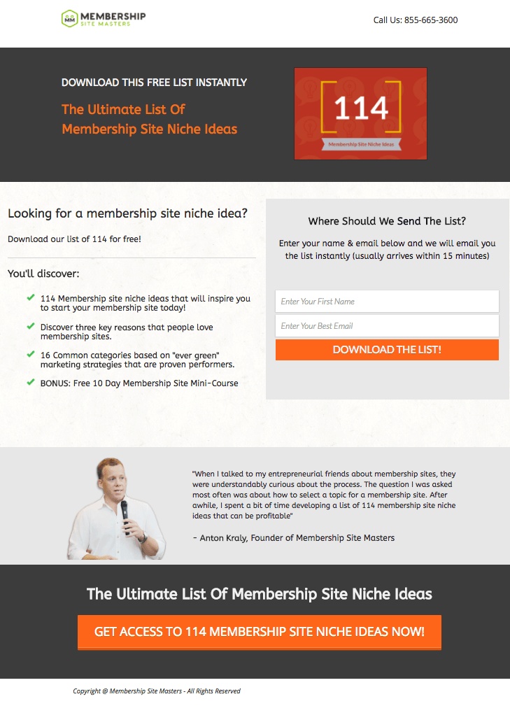 ตัวอย่างหน้า Landing Page ของ Membership Site Masters