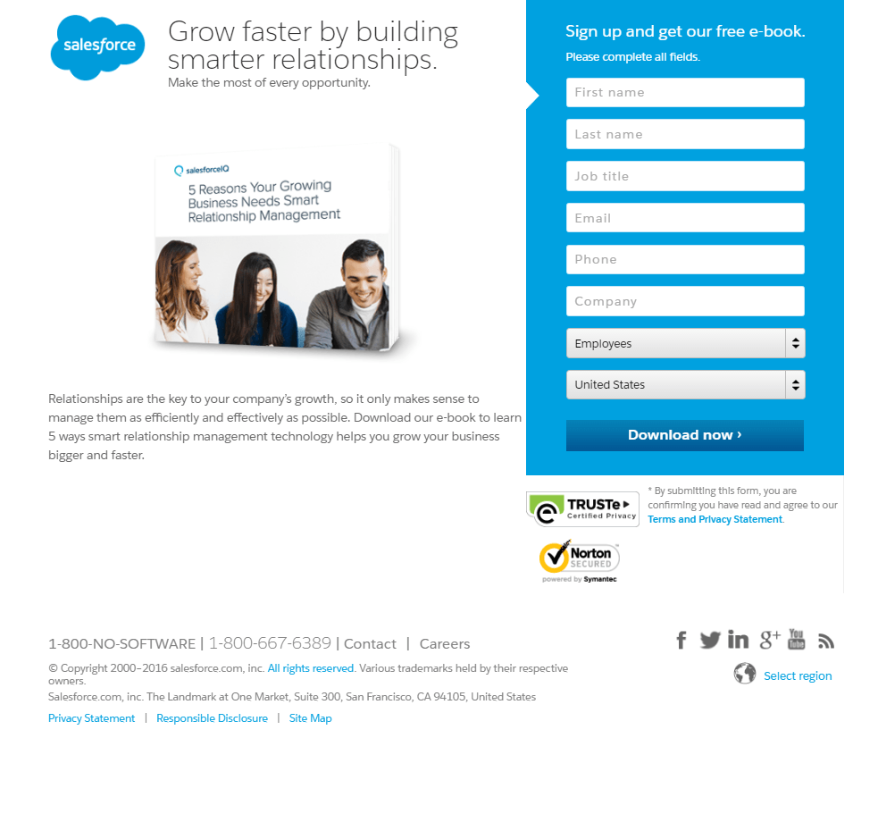 Salesforce Relationship Management のクリック後のランディング ページの例