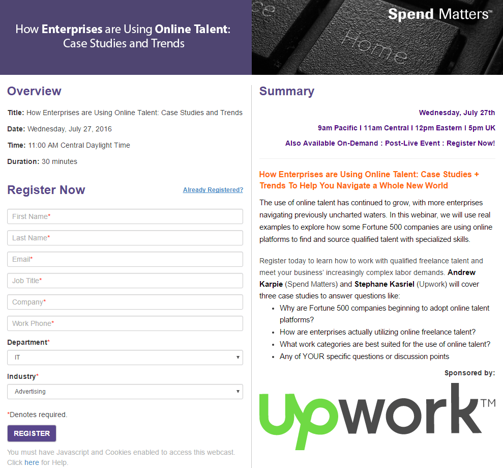 Exemple de page de destination post-clic Upwork