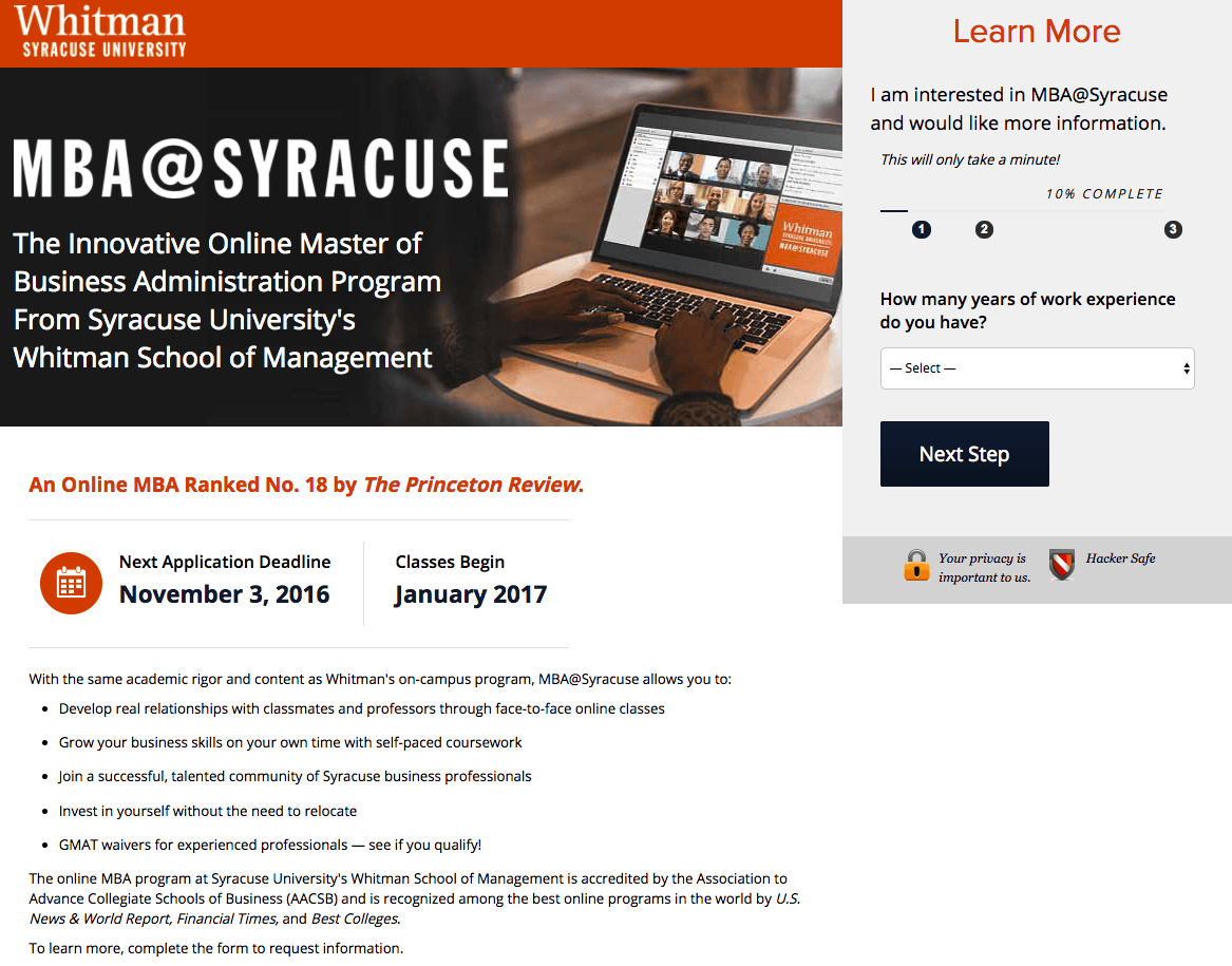 Exemplu de pagină de destinație post-clic de la Whitman Syracuse University