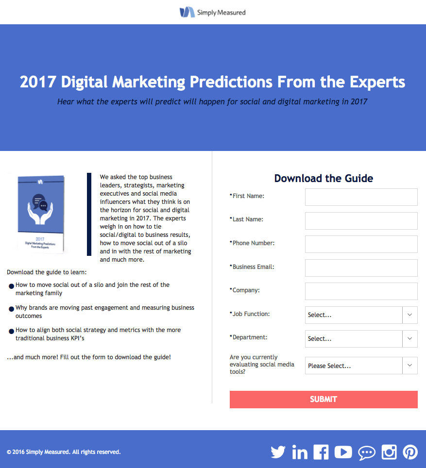 Пример целевой страницы после клика Simply Measured Marketing Predictions