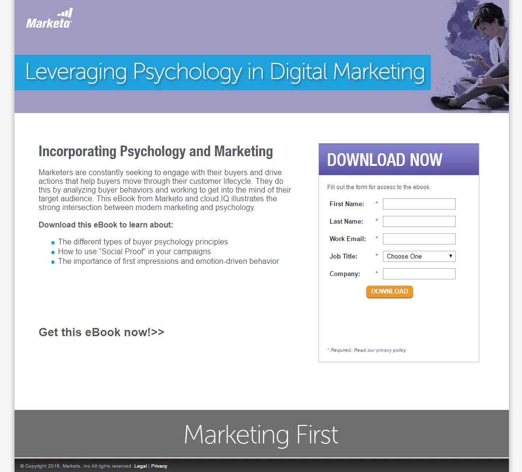 Marketo Psychology のクリック後のランディング ページの例