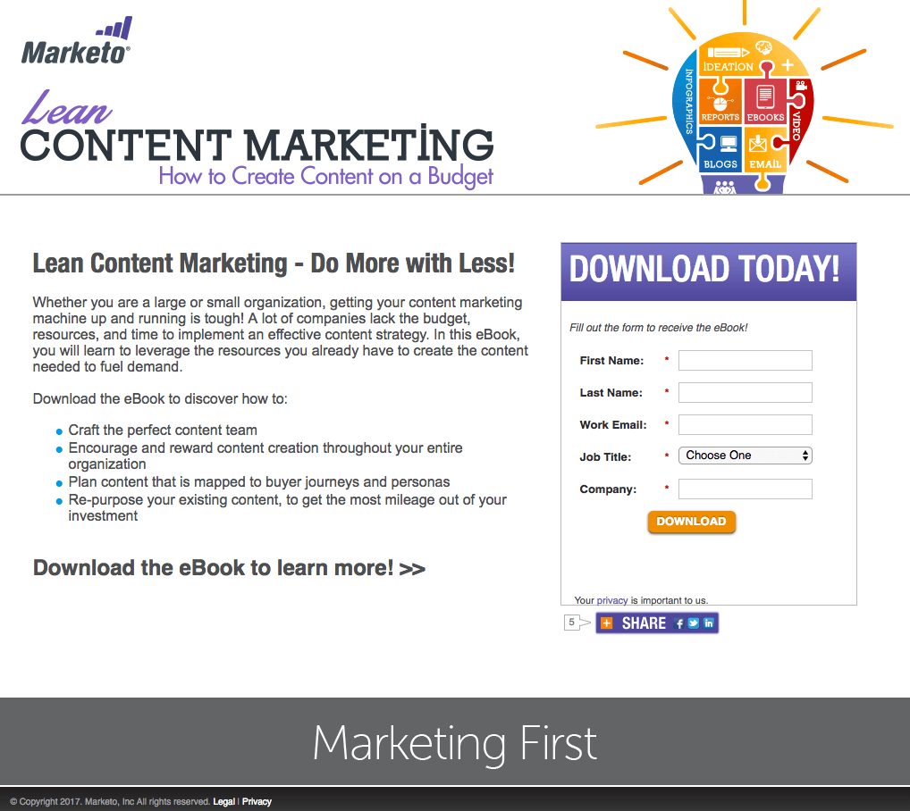 Exemplo de página de destino pós-clique do Marketo Content Marketing