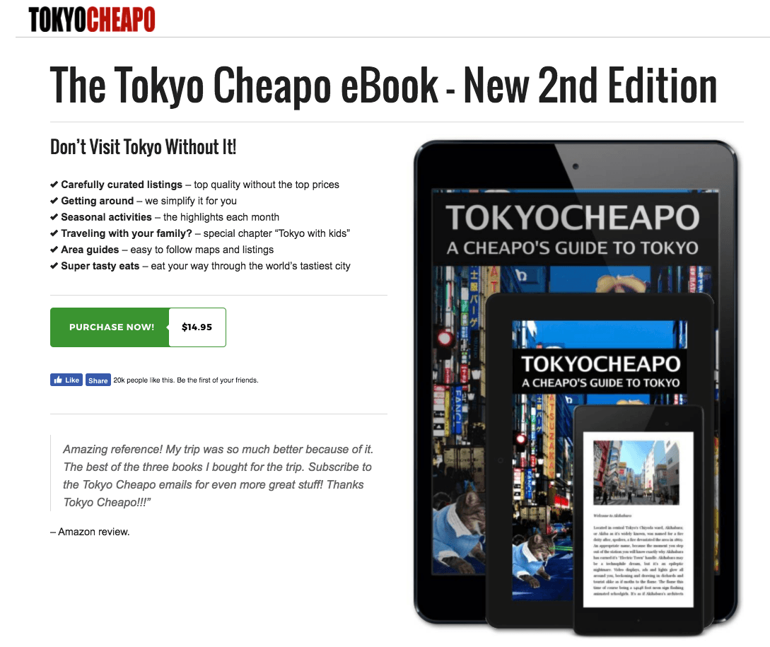 Exemple de page de destination post-clic de Tokyo Cheapo