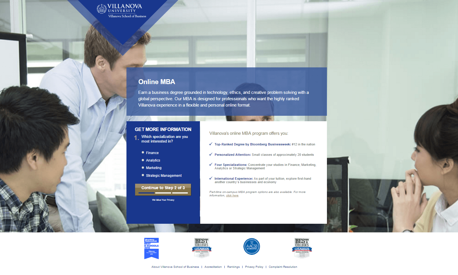 ตัวอย่างหน้า Landing Page หลังการคลิกของ Villanova MBA