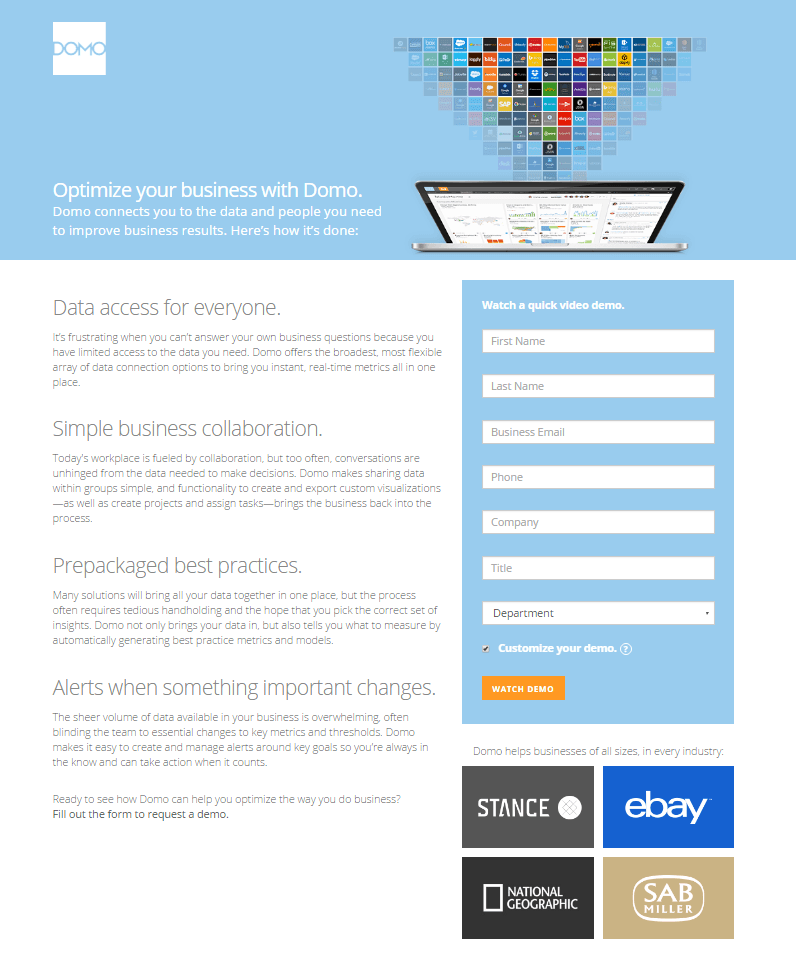 Exemple de page de destination post-clic de Domo Business Optimization