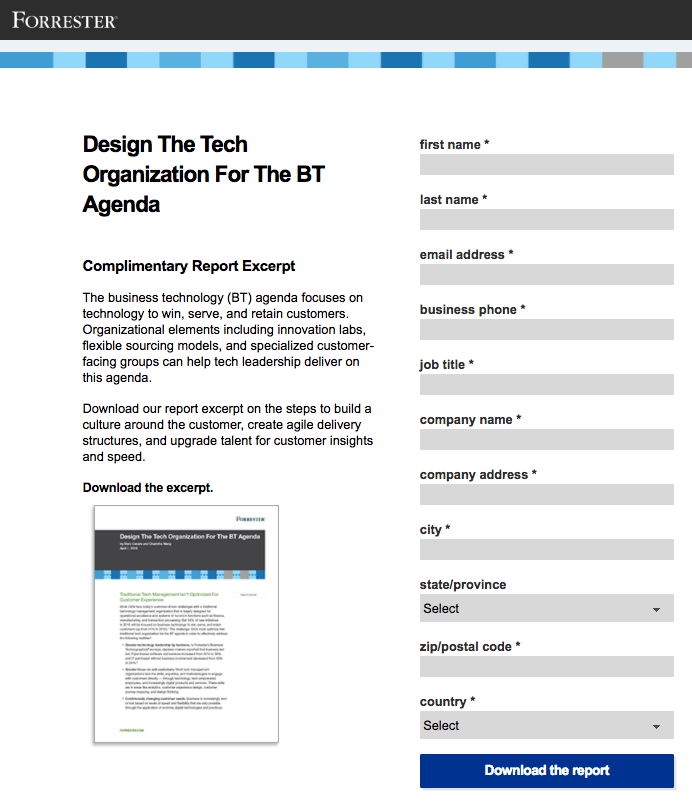 Exemple de page de destination post-clic de Forrester Research