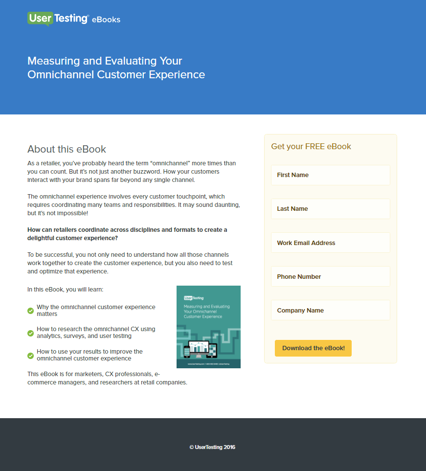 Exemplu de pagină de destinație de testare a utilizatorului după clic