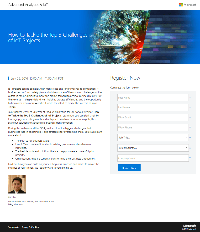 Exemplo de página de destino pós-clique do Microsoft IoT Project