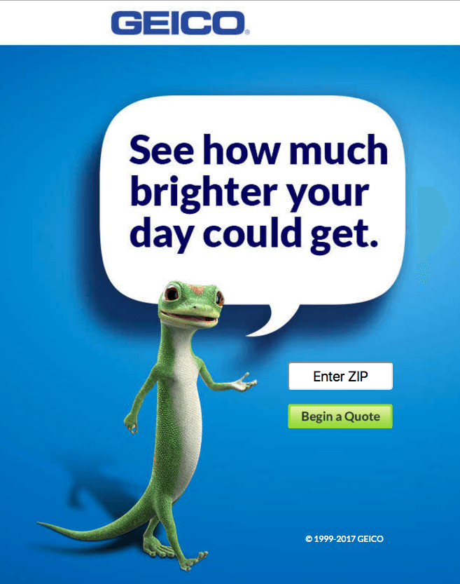 Exemplu de pagină de destinație după clic Geico