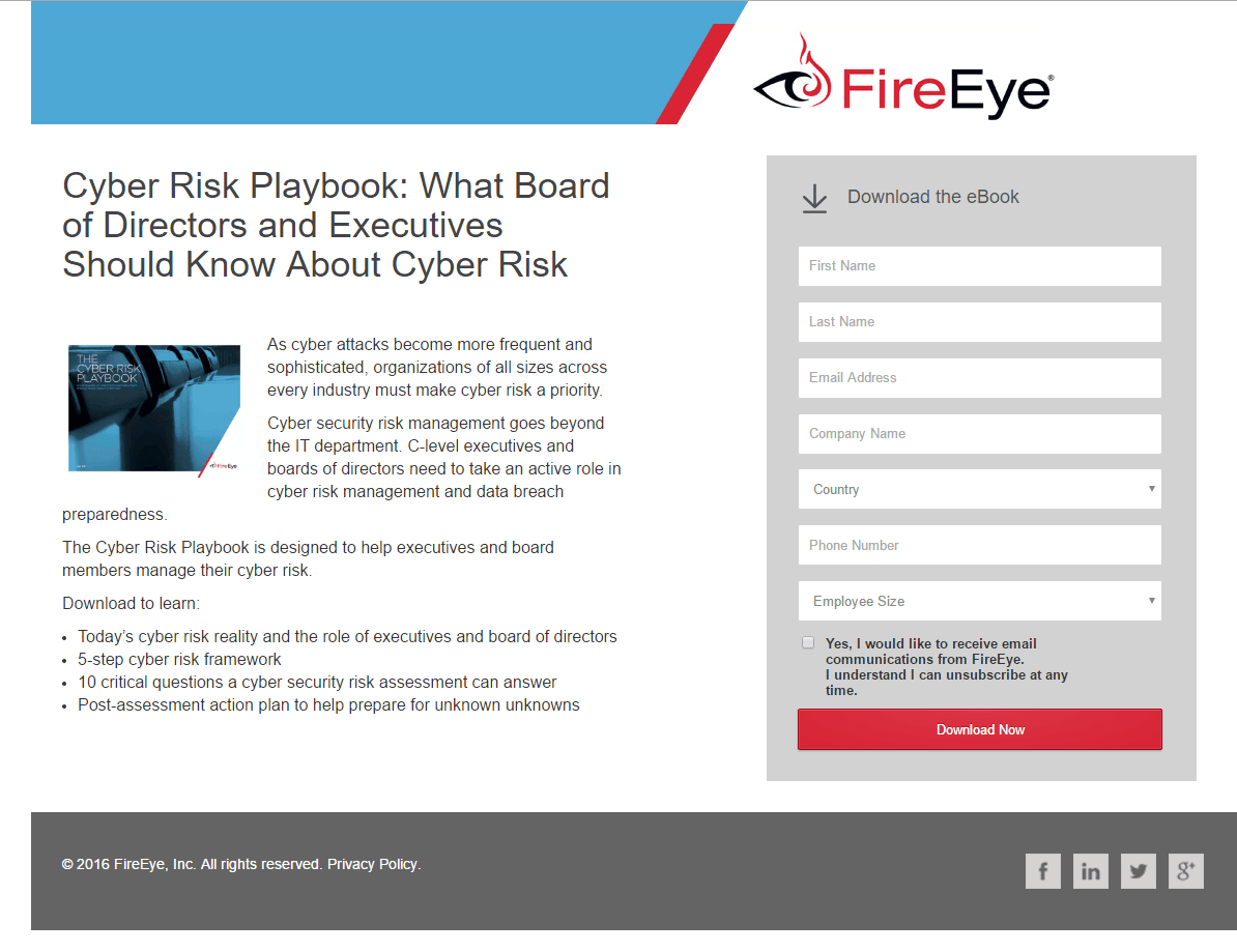FireEye ポストクリック ランディング ページの例