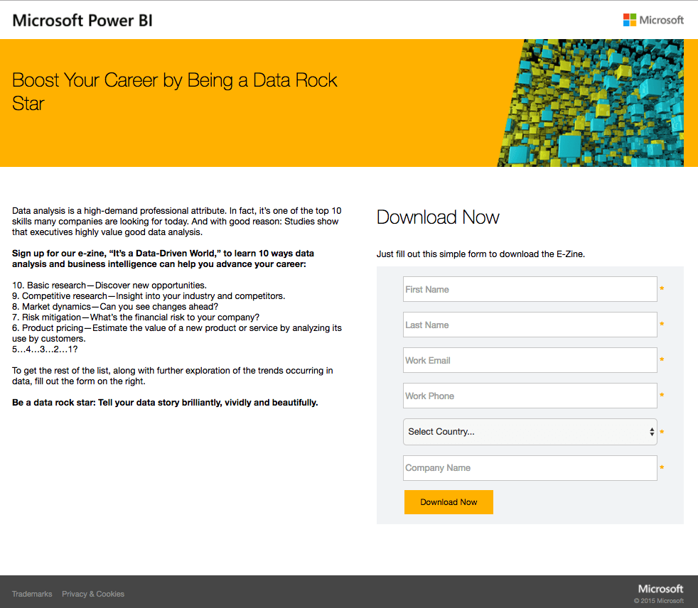Exemple de page de destination post-clic de Microsoft Power BI