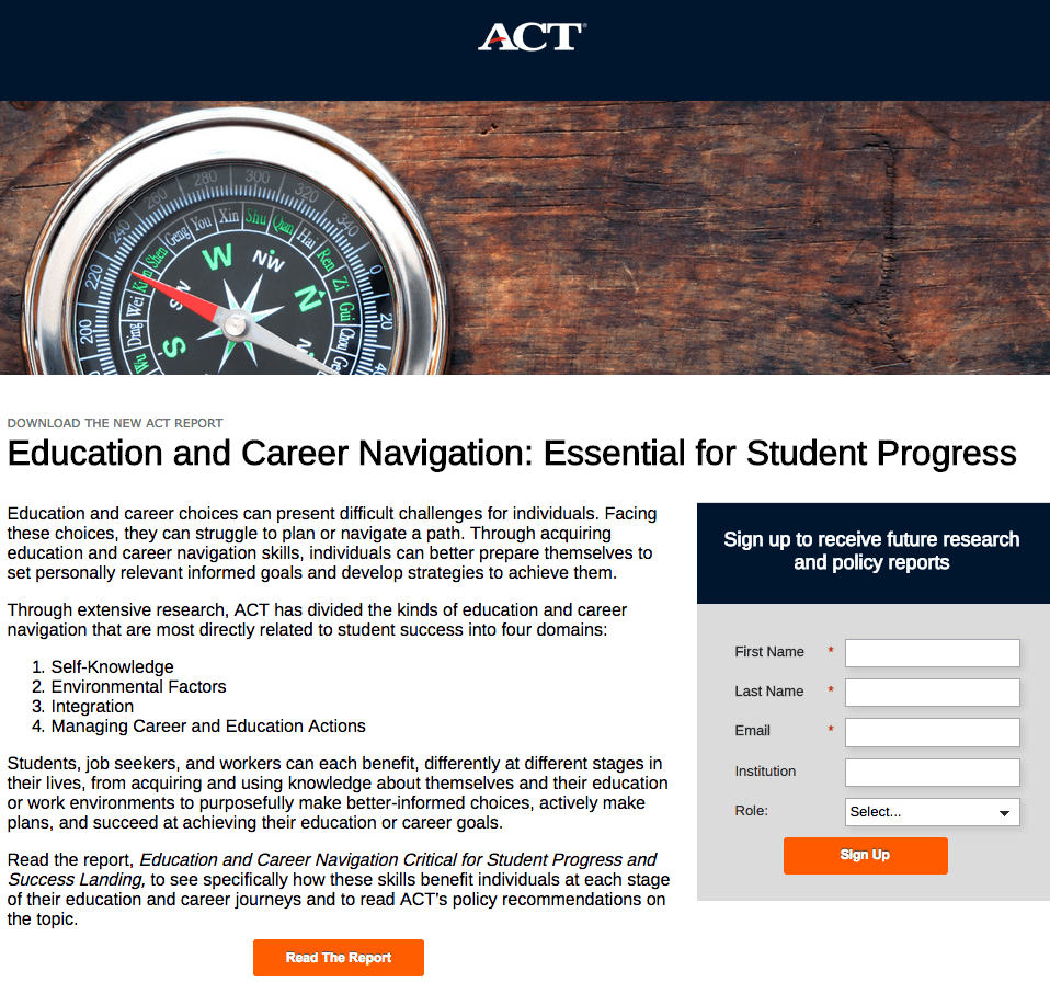 Esempio di pagina di destinazione post-clic Act Education
